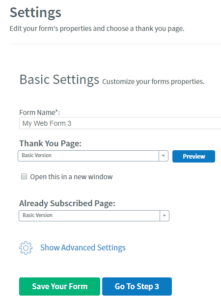 web form settings in aweber