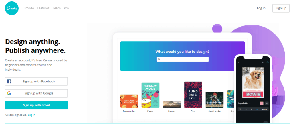 canva sign up page