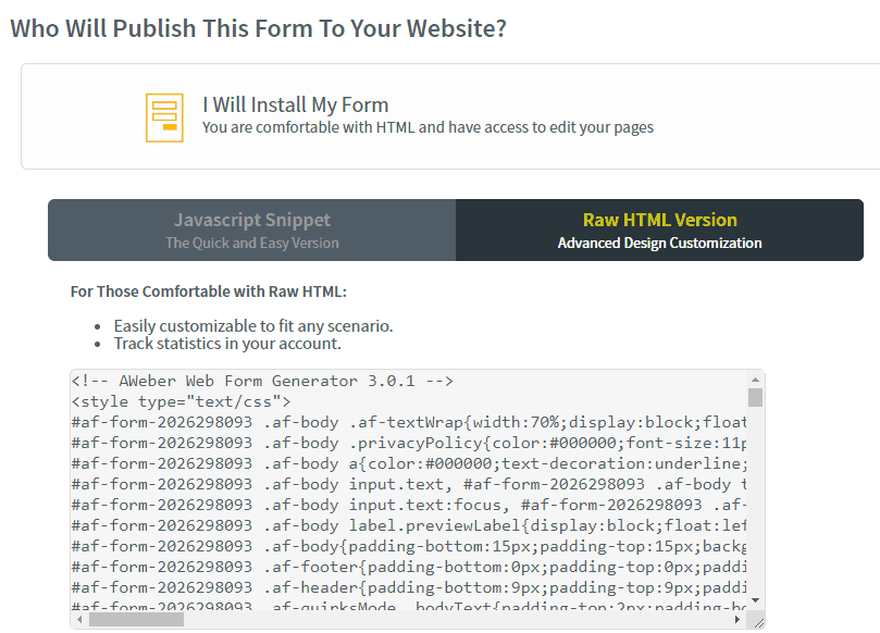 coding for optin form in AWeber