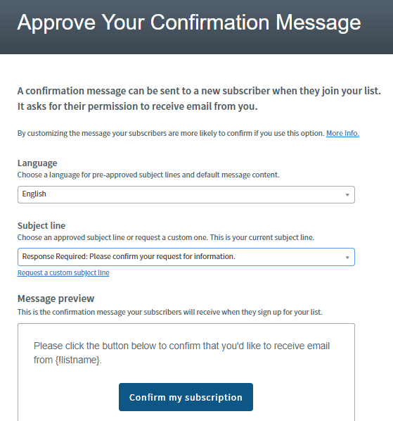 confirmation message for your email marketing list