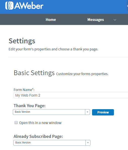 settings for sign up form in Aweber
