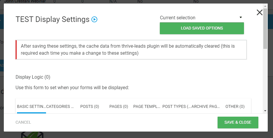 display settings for thrive leads