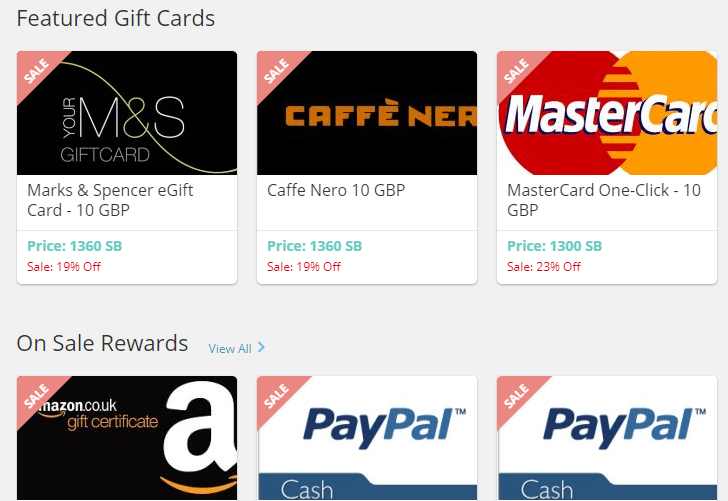 featured gifts card in swagbucks
