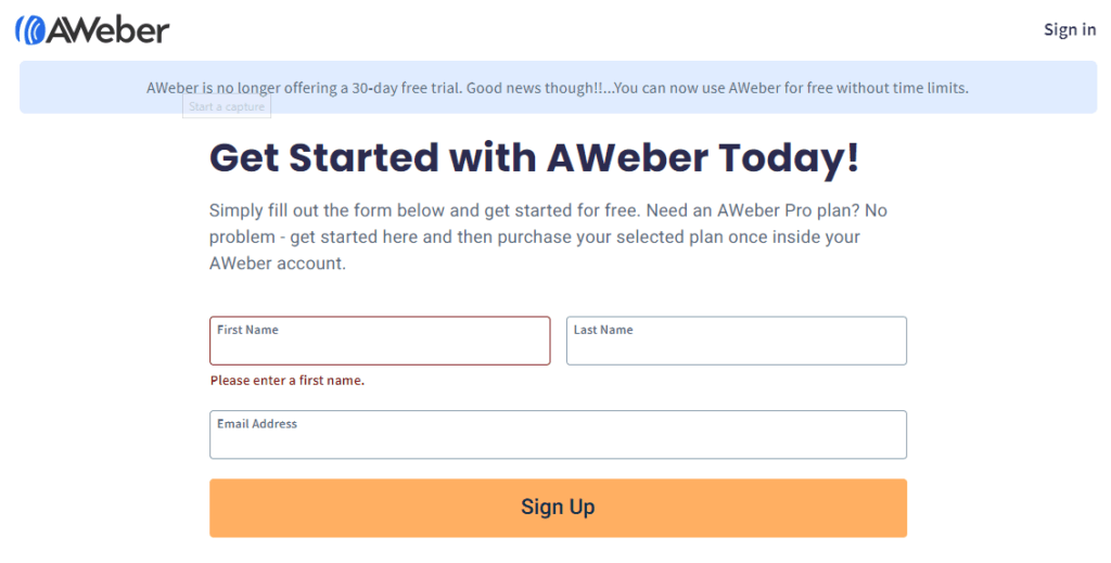 aweber free sign up page